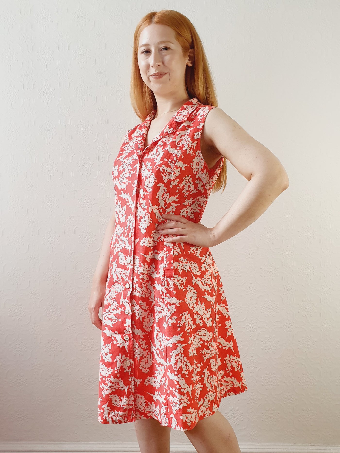 Red & White Floral Linen Dress - M
