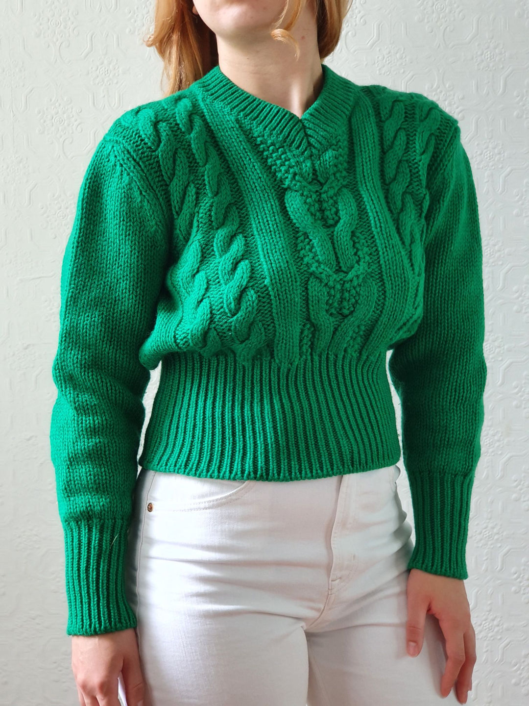 Vintage V-Neck Wool Green Aran Jumper - S