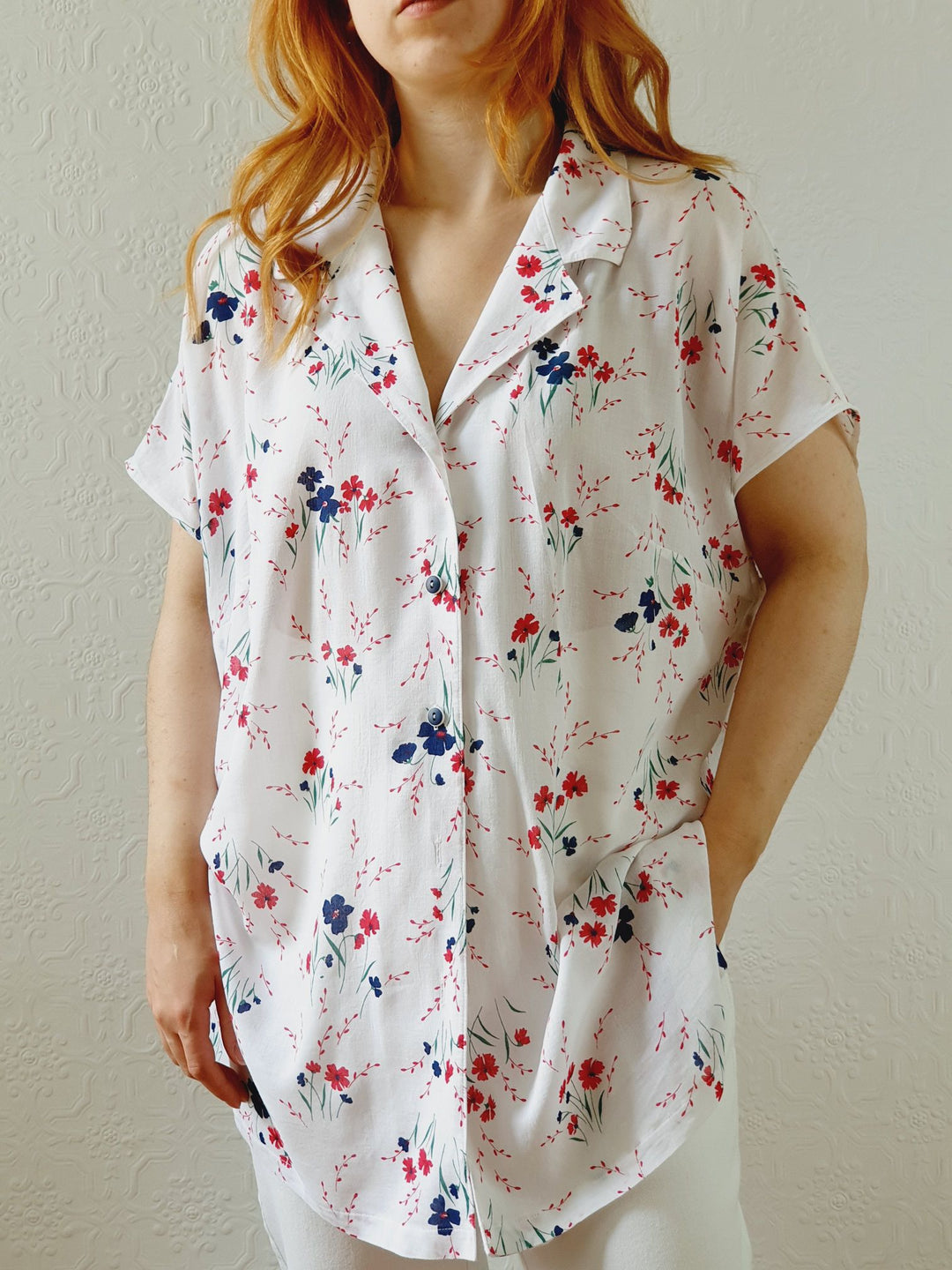 Vintage 80s White Cap Sleeve Floral Blouse - XL/XXL