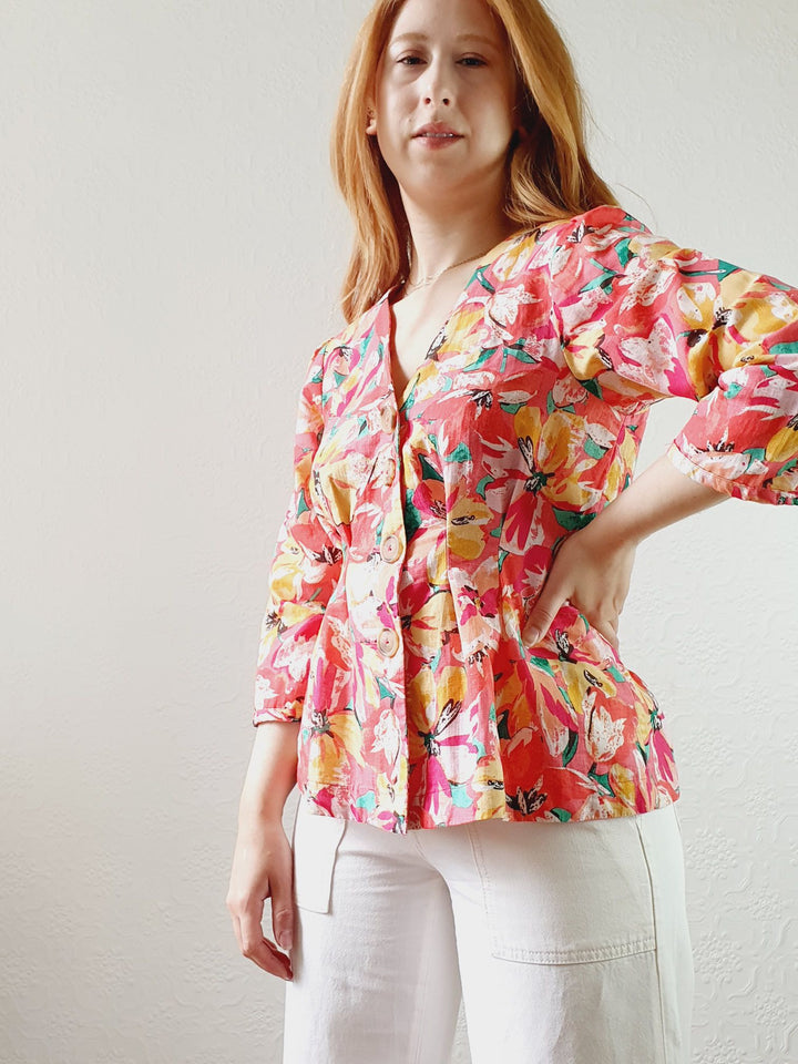 V-Neck Pink Floral Linen Blouse - S