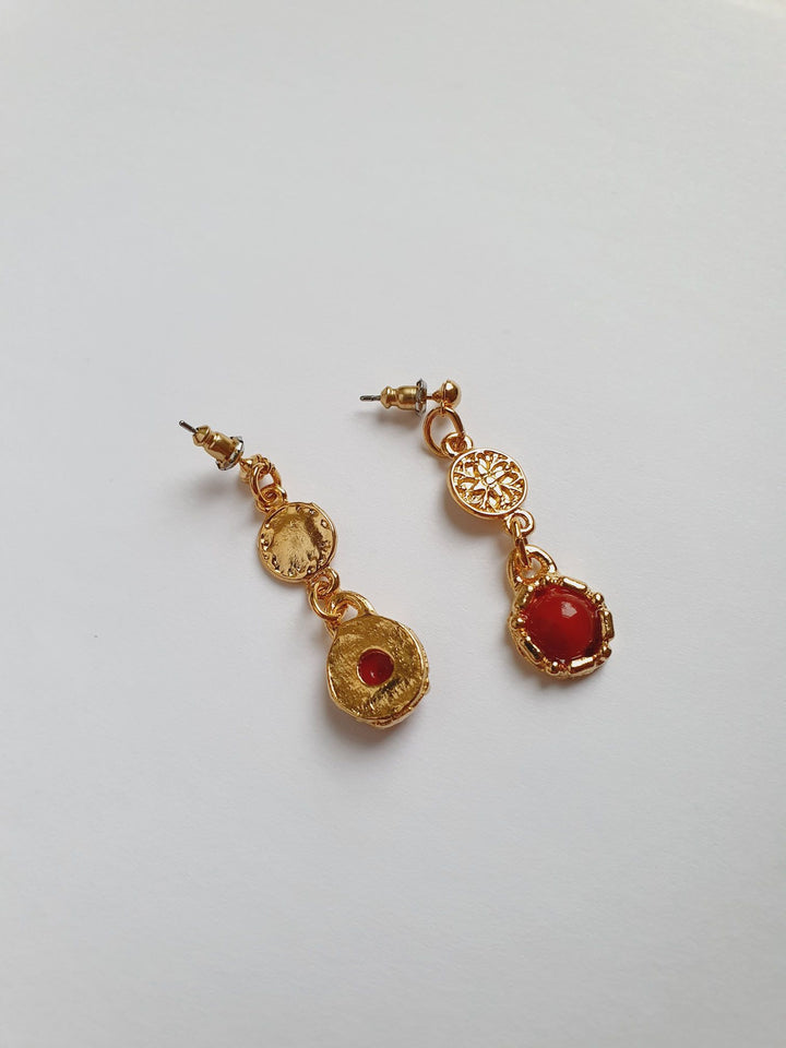 Vintage 80s Gold Plated Textured Drop Earrings with Red Charm