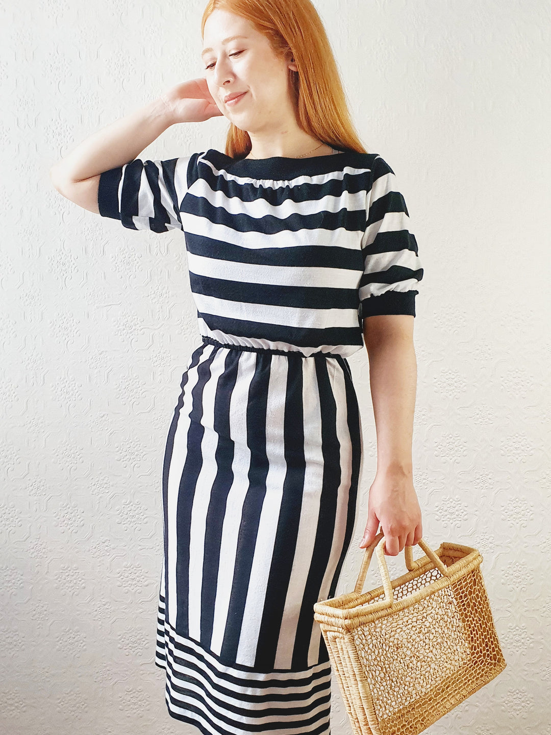 Black & White Striped Fitted Dress - S