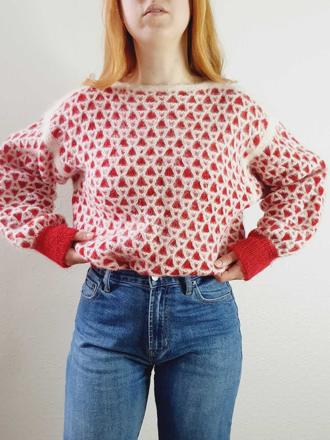 Vintage Red and White Boat Neck Angora Jumper - L/XL