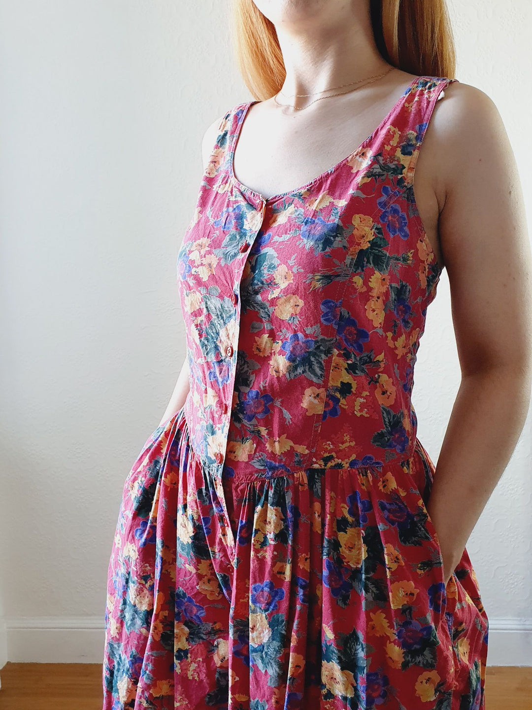 Vintage 80s Red Floral Playsuit - M