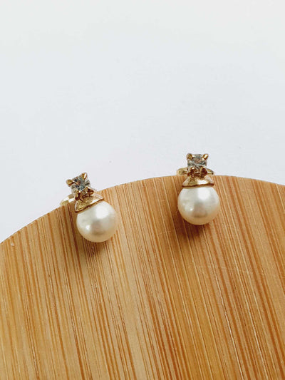 Vintage Gold Toned Crystal & Pearl Stud Earrings