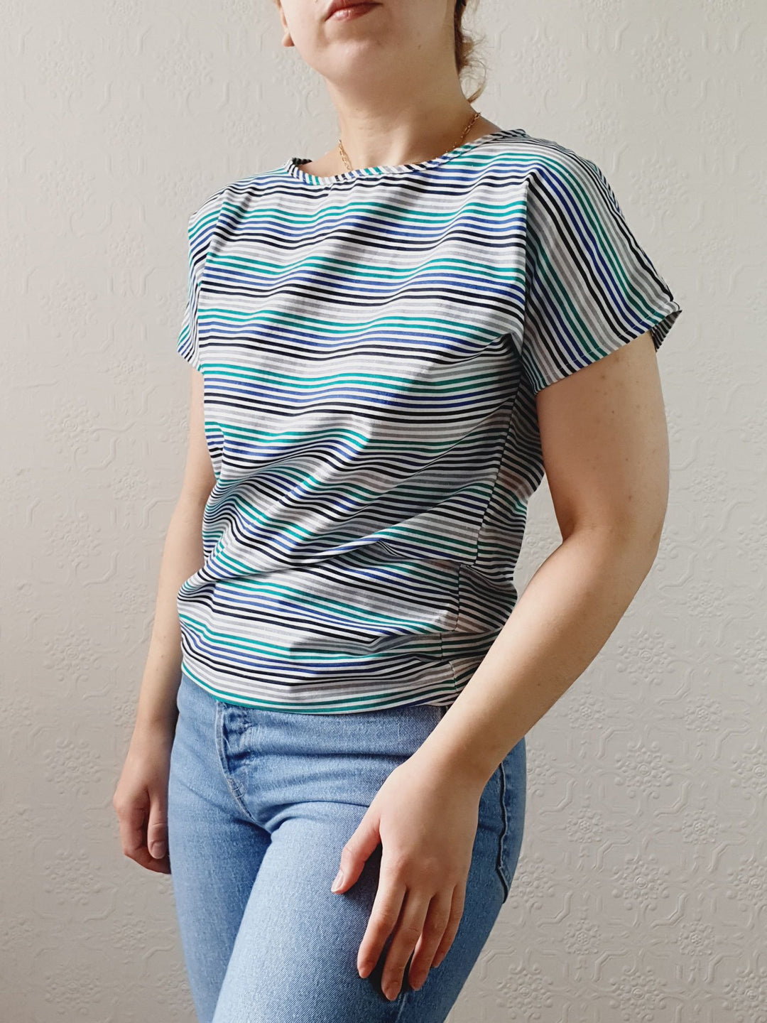 Vintage 80s Blue & Green Striped Tee with Batwing Short Sleeves - S