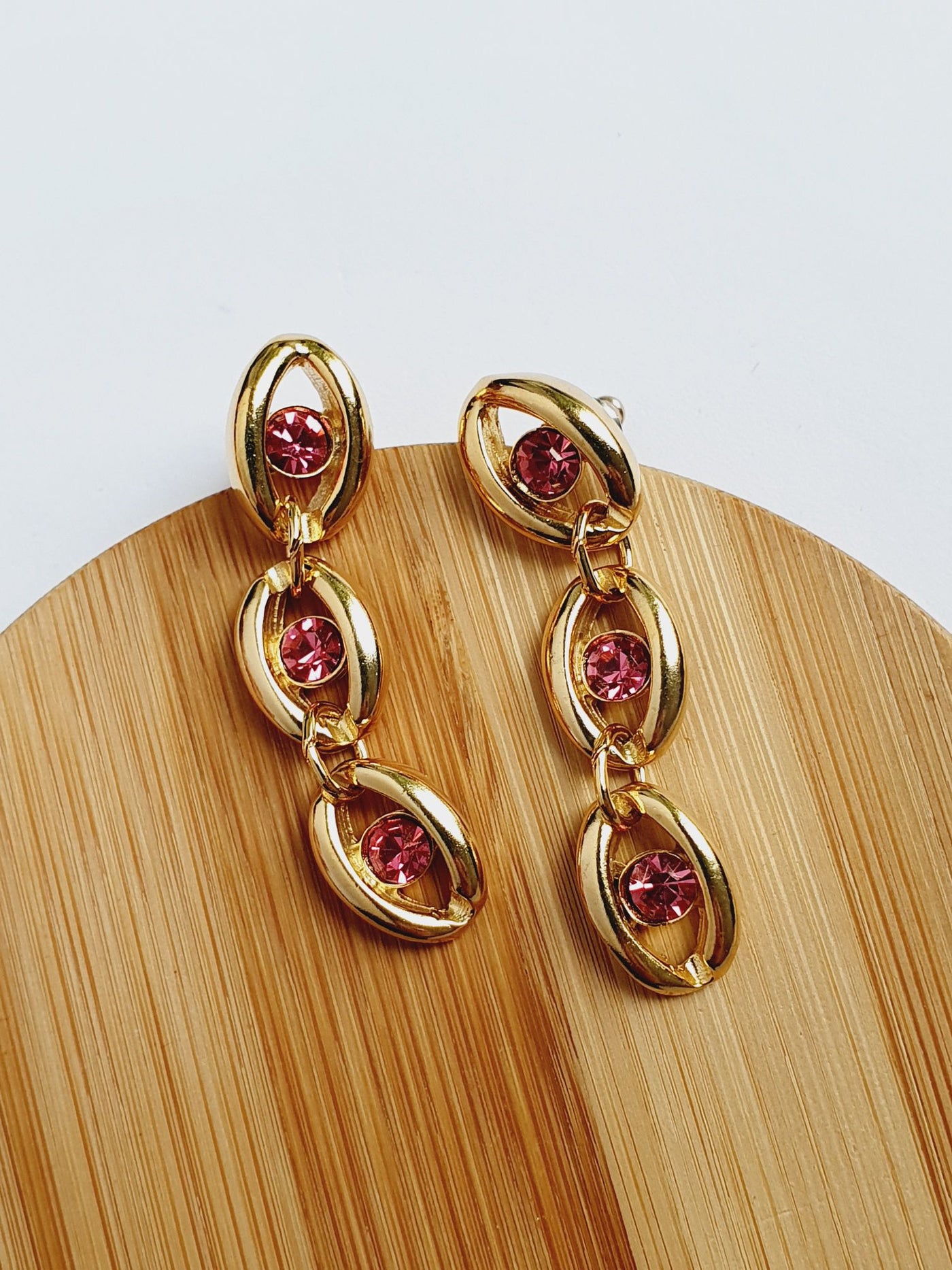 Vintage 80s Gold Plated Drop Earrings with Pink Crystals