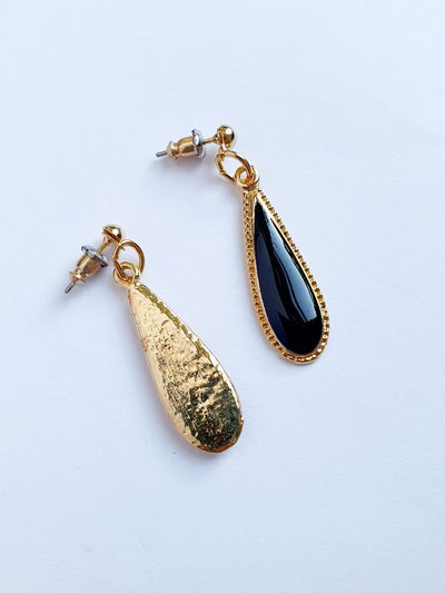 Vintage Gold Plated Black Enamel Drop Earrings