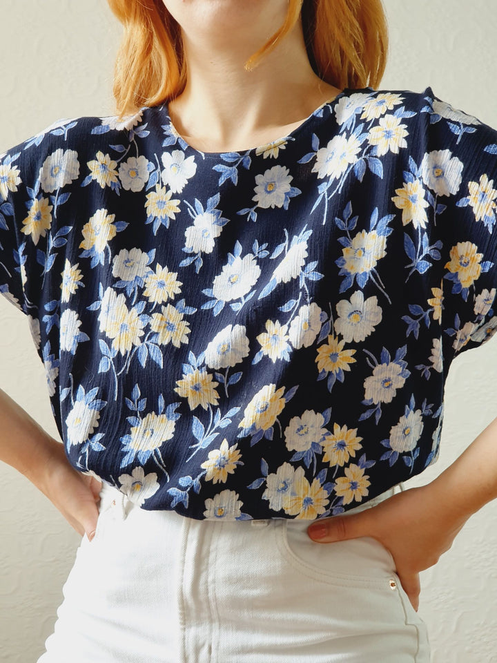 Vintage 90s Navy Floral Blouse - S/M