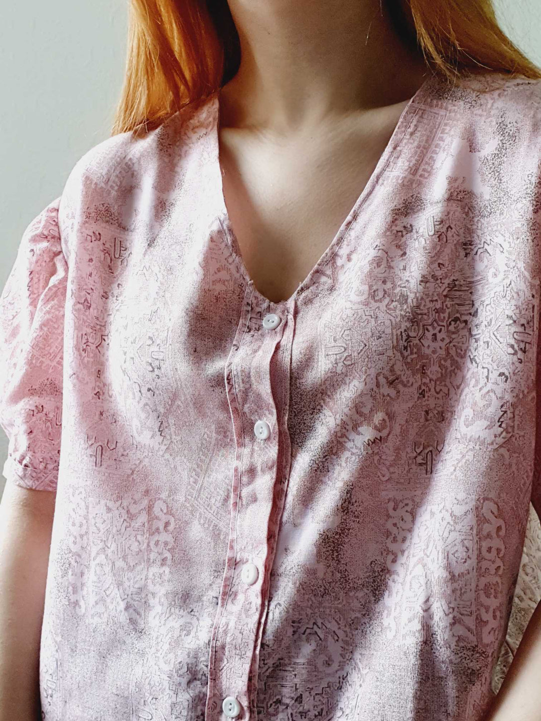 Vintage Pink Puff Sleeve V-Neck Blouse - M/L