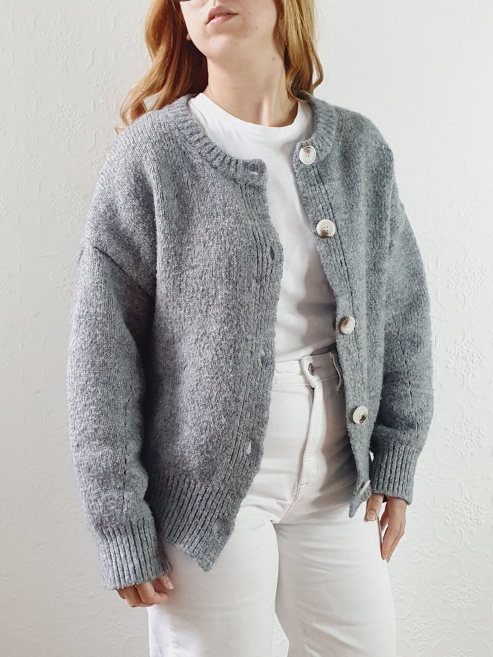 Vintage Grey Crew Neck Wool Cardigan - M/L