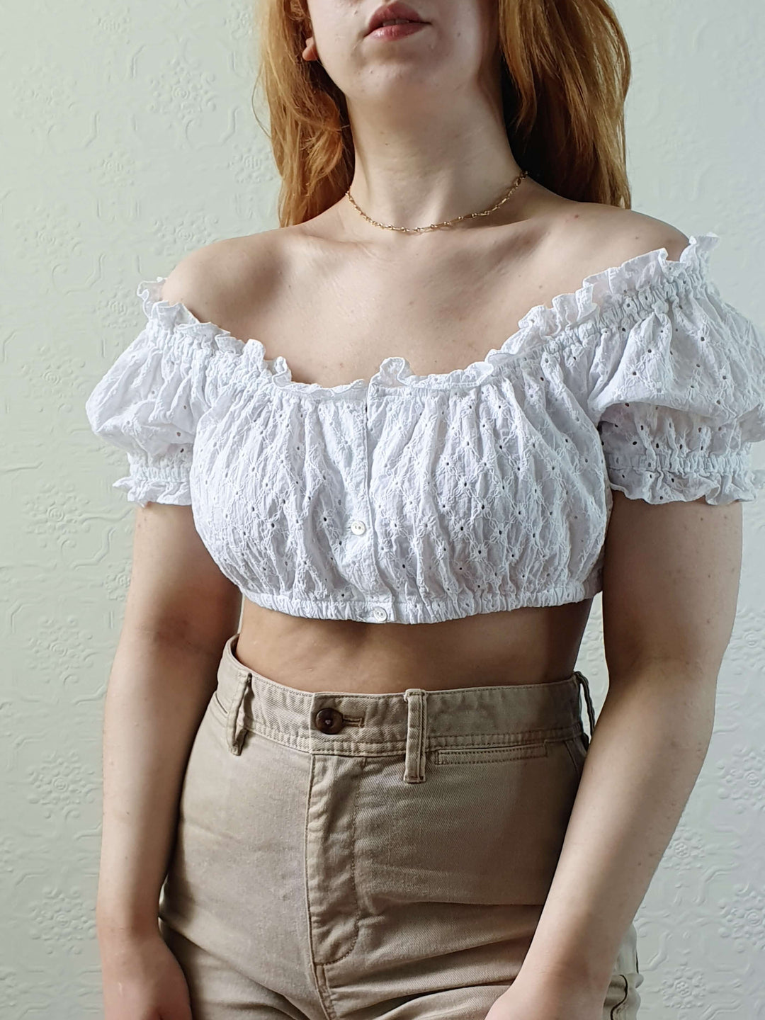 Vintage White Cotton Broderie Anglaise Cropped Top - S/M