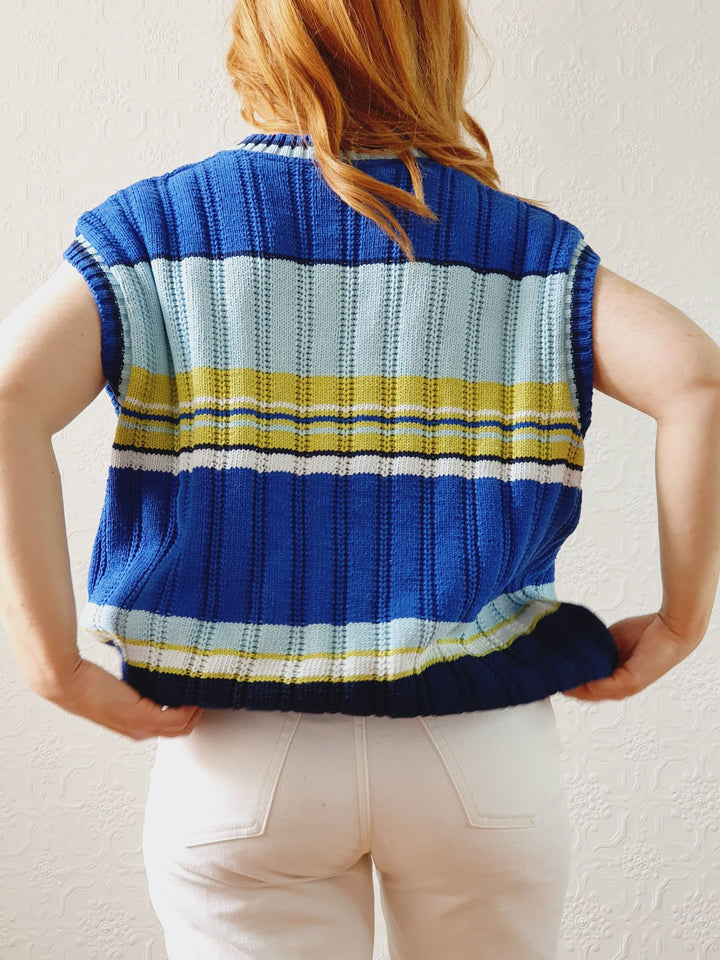 Vintage Blue & Green Striped Cotton V-Neck Vest - L/XL