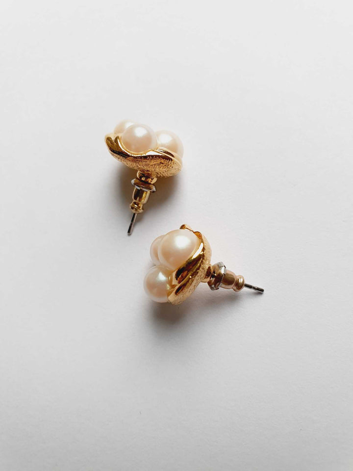 Vintage Gold Plated Triple Pearl Stud Earrings