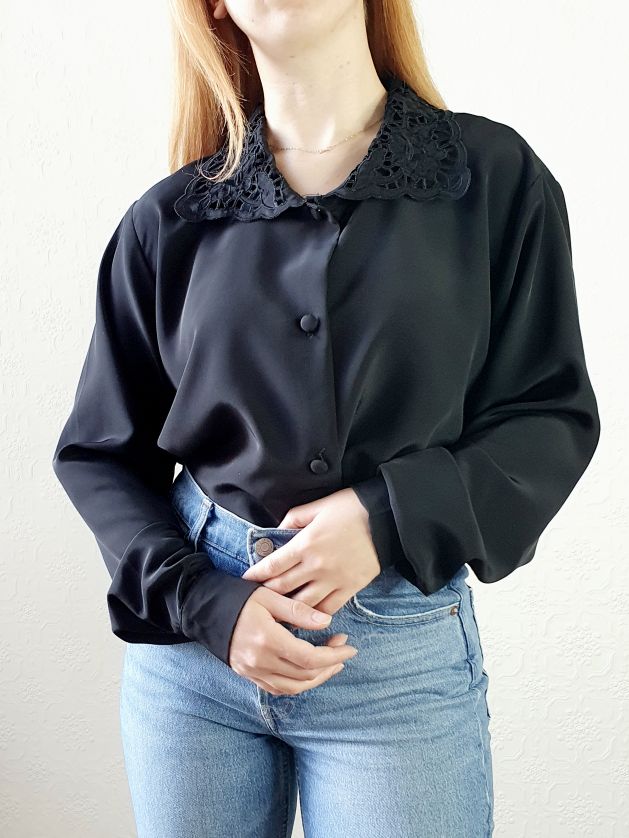 Vintage Black Collared Blouse - XL