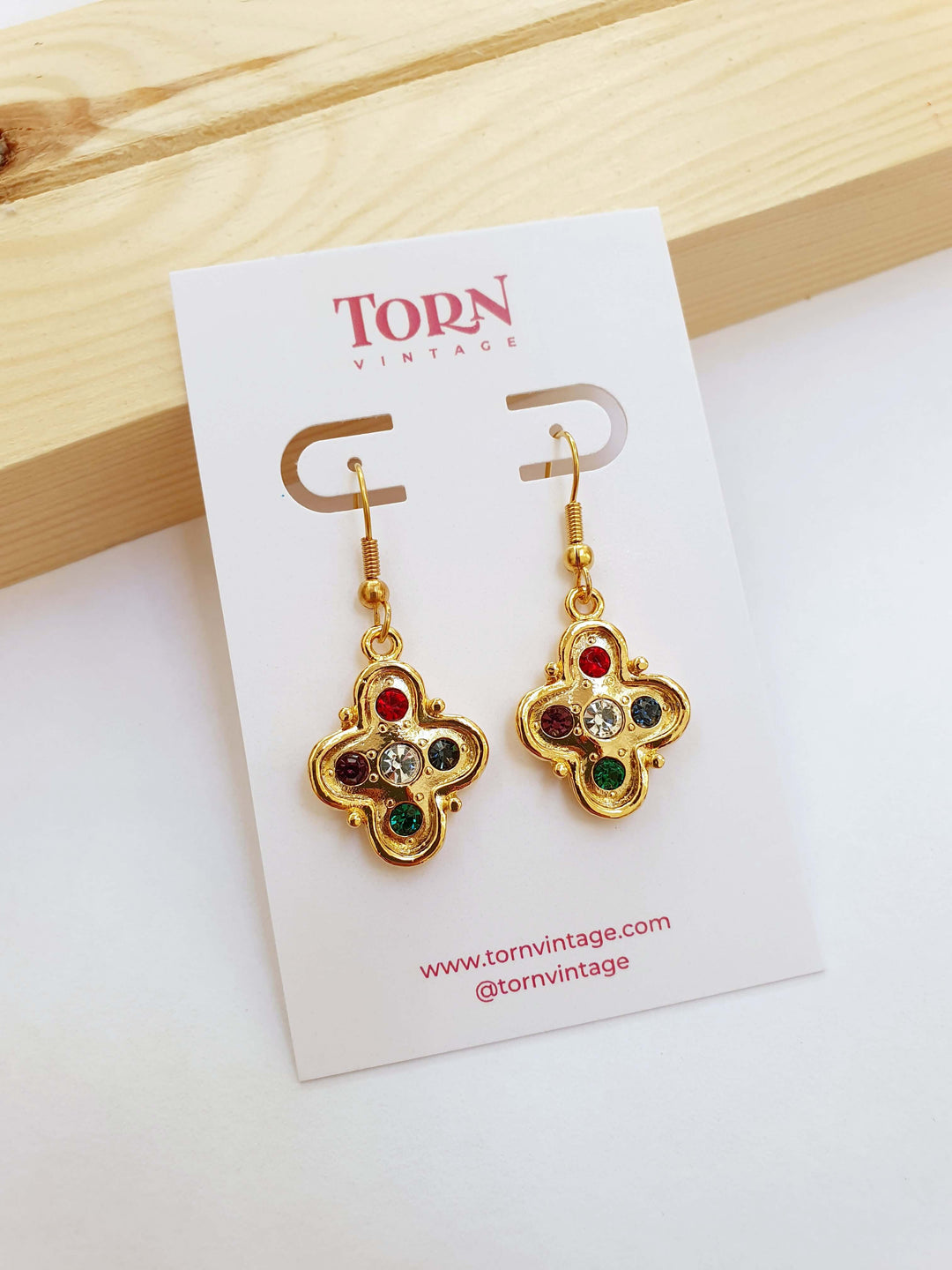 Vintage Gold Plated Drop Cross Earrings with Colourful Crystals