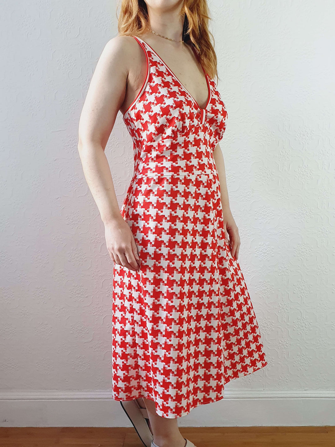 Vintage Red & White Houndstooth Sleeveless Dress - M