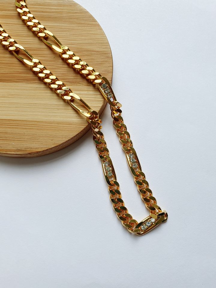 Vintage Gold Plated Figaro Chain Necklace with Crystals