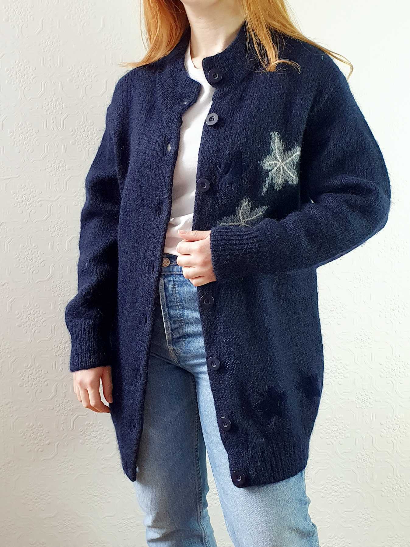 Vintage Navy Wool Long Cardigan with Embroidered Detail - M