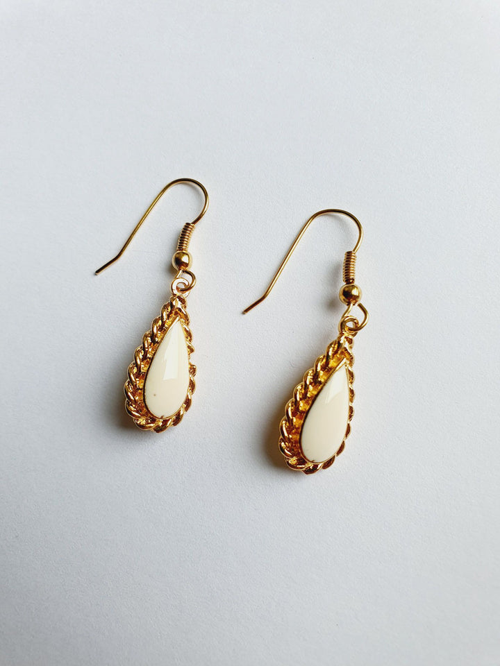 Vintage Gold Plated White Enamel Drop Earrings