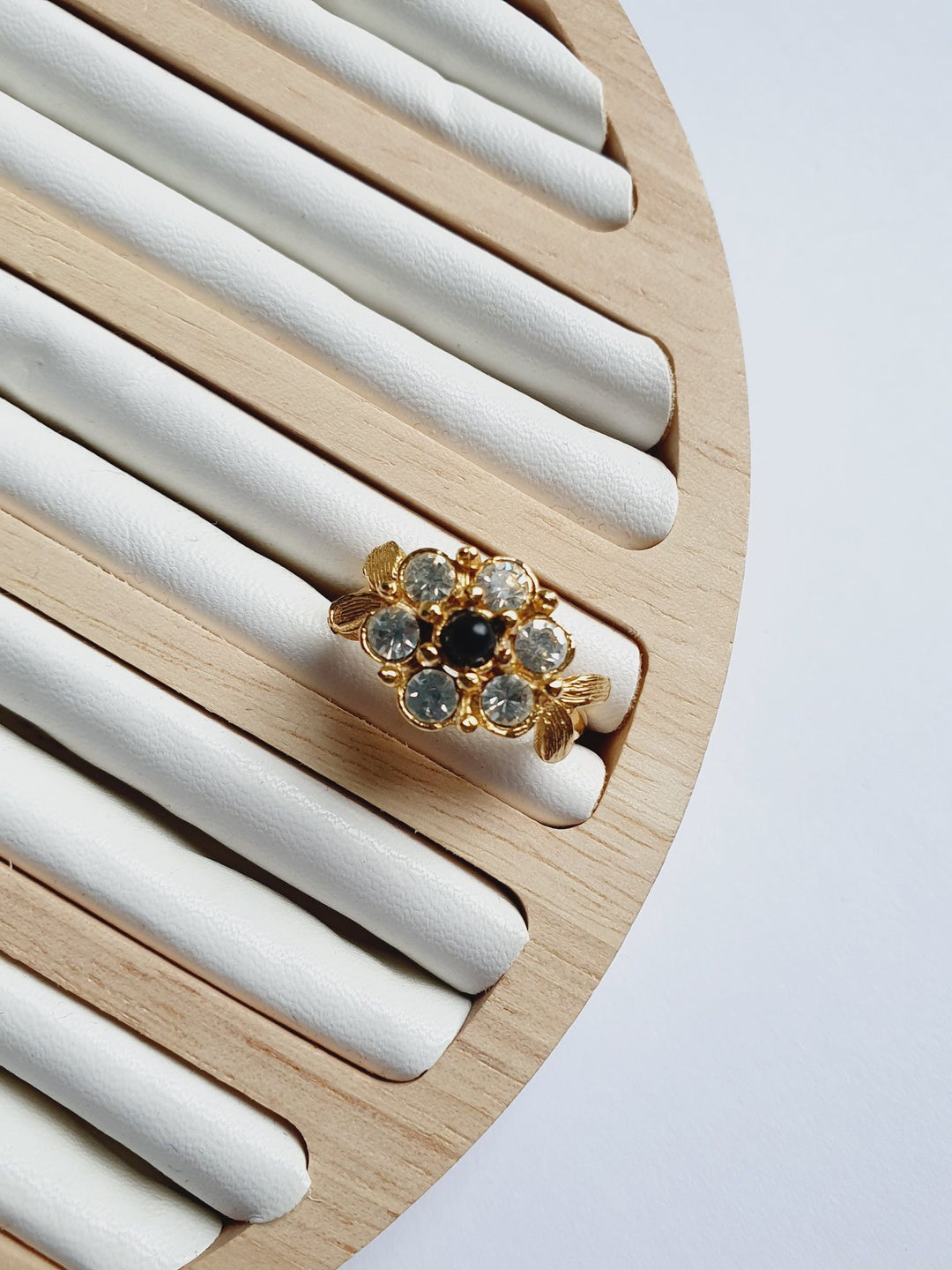 Vintage Gold Plated Clear & Black Crystal Flower Cocktail Ring