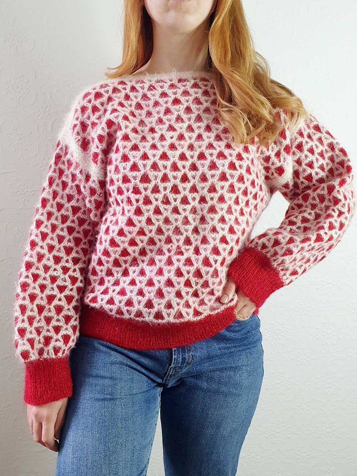 Vintage Red and White Boat Neck Angora Jumper - L/XL