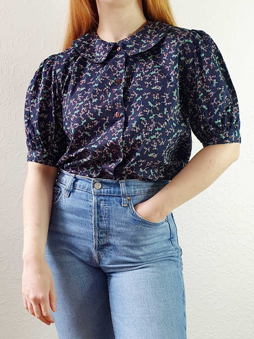 Vintage Navy Floral Puff Sleeve Cotton Blouse - S/M