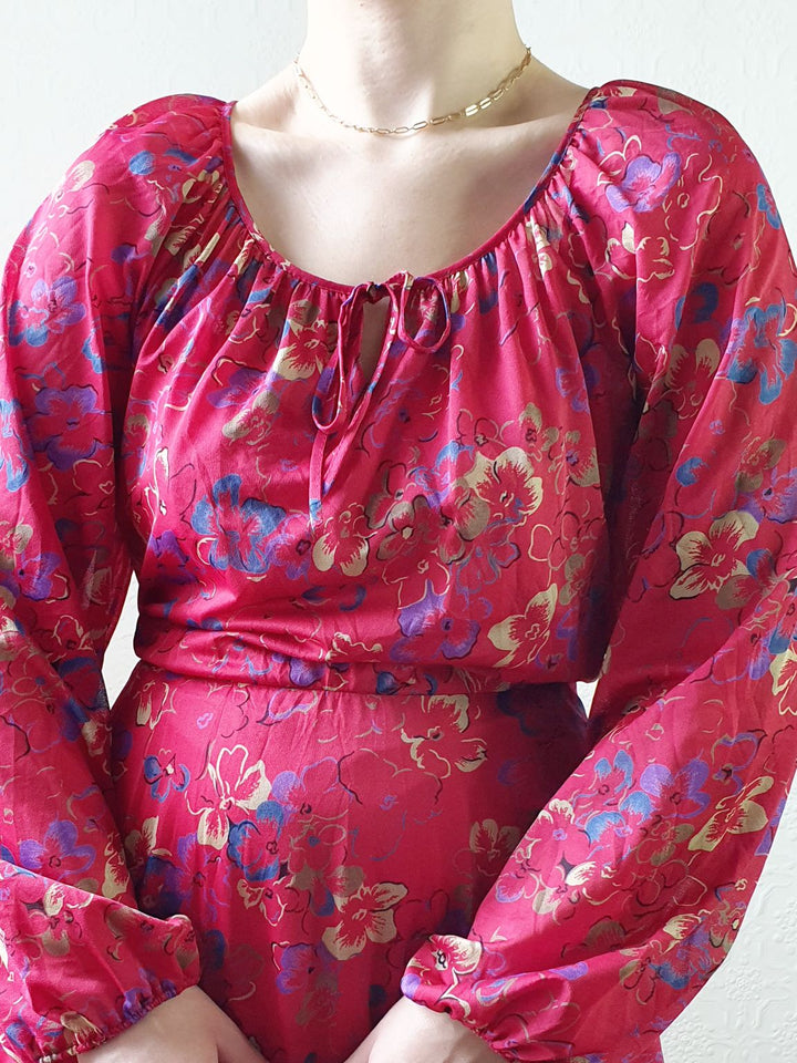 Vintage 80s Red Floral Dress with Long Balloon Sleeves - M