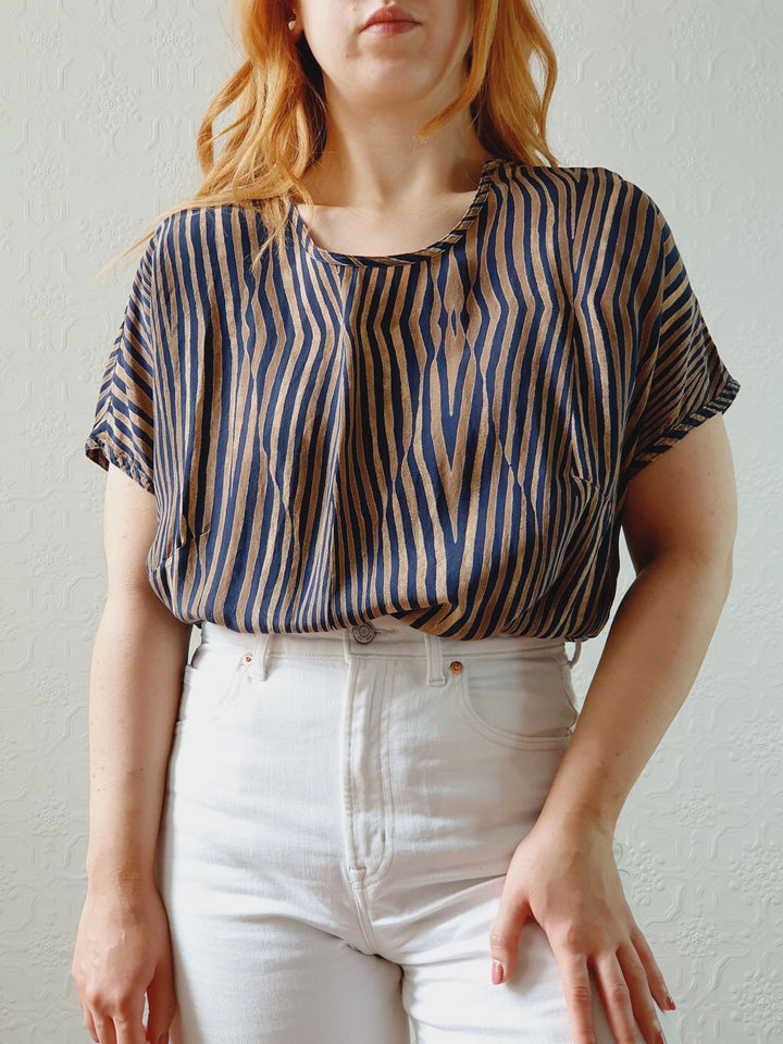 Vintage 80s Black & Brown Tiger Print Blouse - S/M