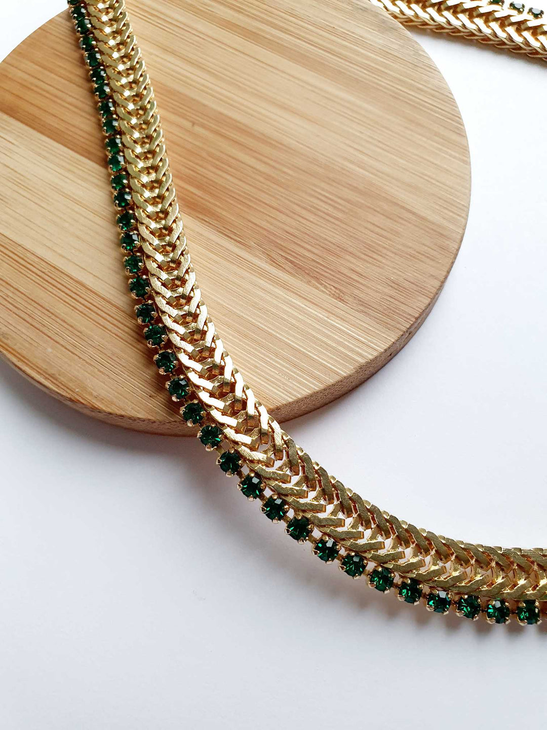 Vintage Gold Plated Herringbone Chain Necklace with Emerald Crystals