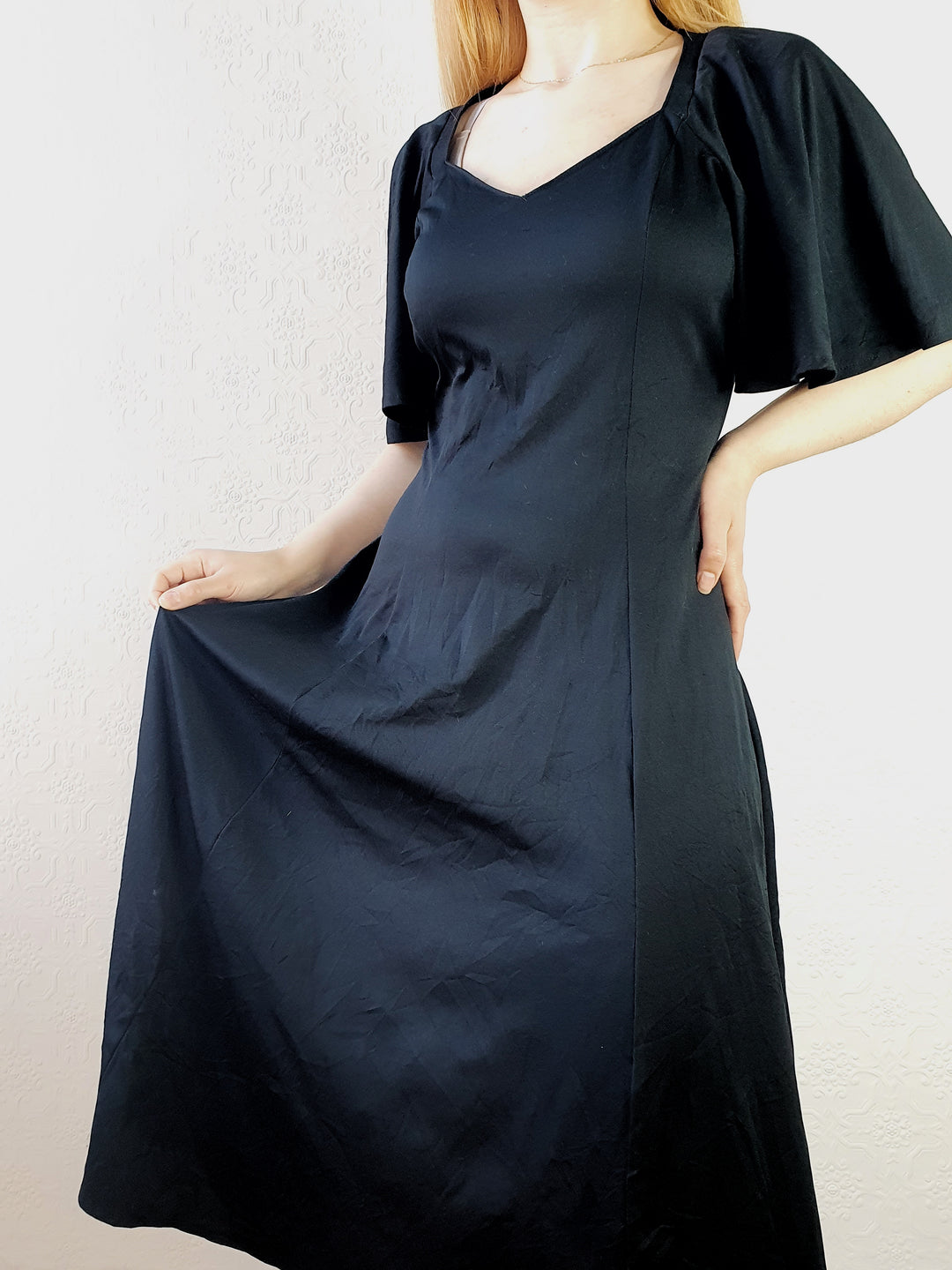 Vintage 70s Angel Sleeve Black Dress - S/M