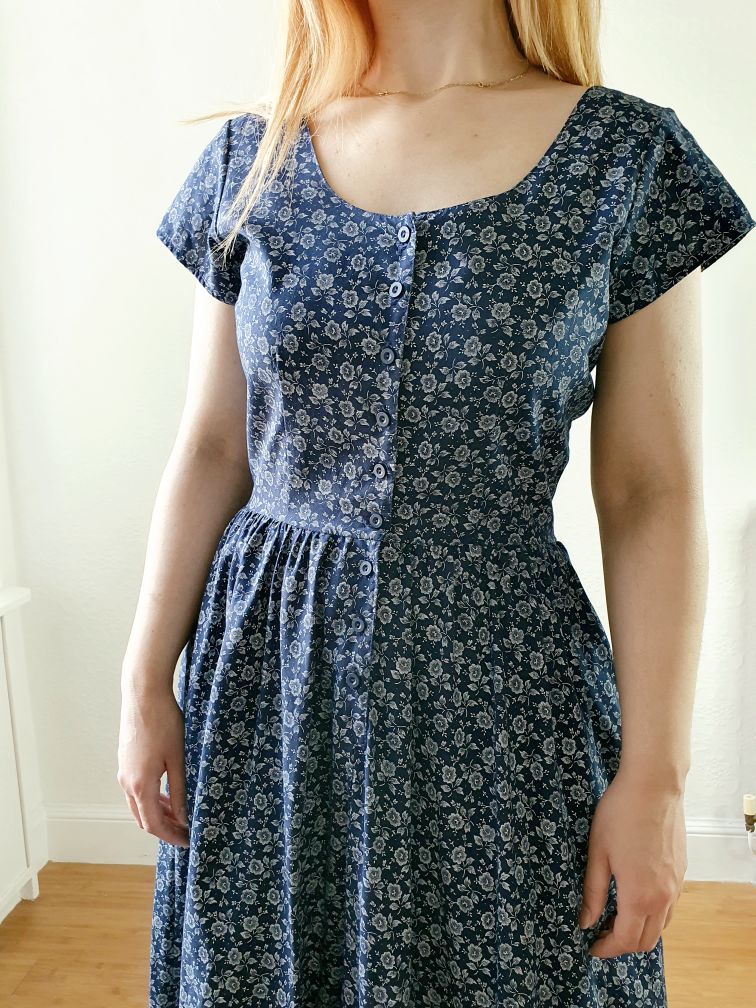 Vintage Navy Ditsy Floral Print Dress - S