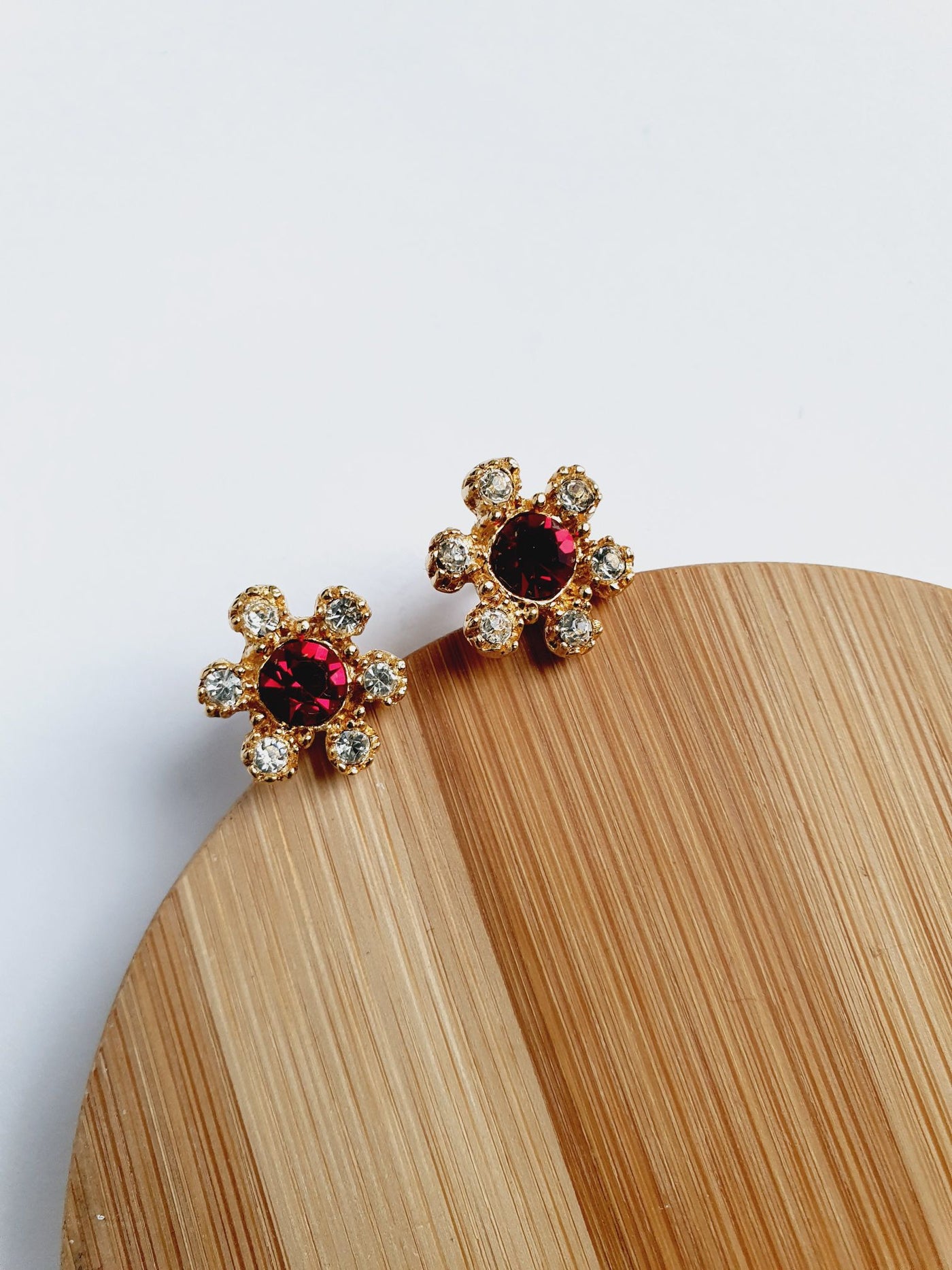 Vintage Gold Plated Red & Clear Crystal Flower Stud Earrings