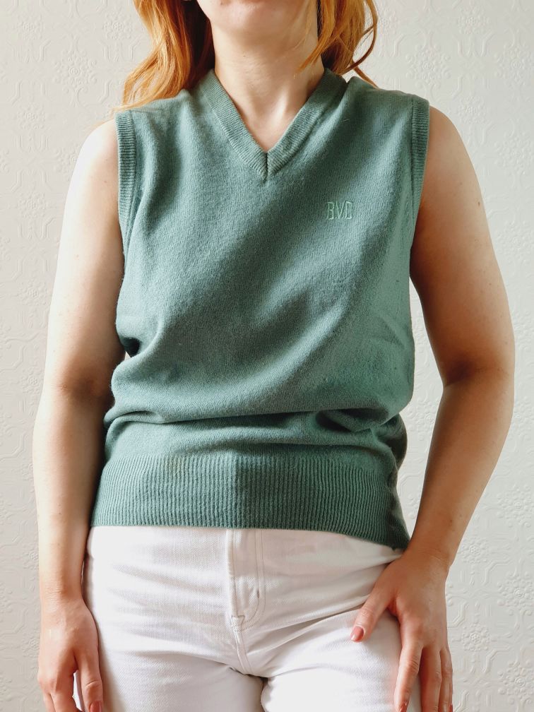 Vintage Muted Green Wool V-Neck Vest - S