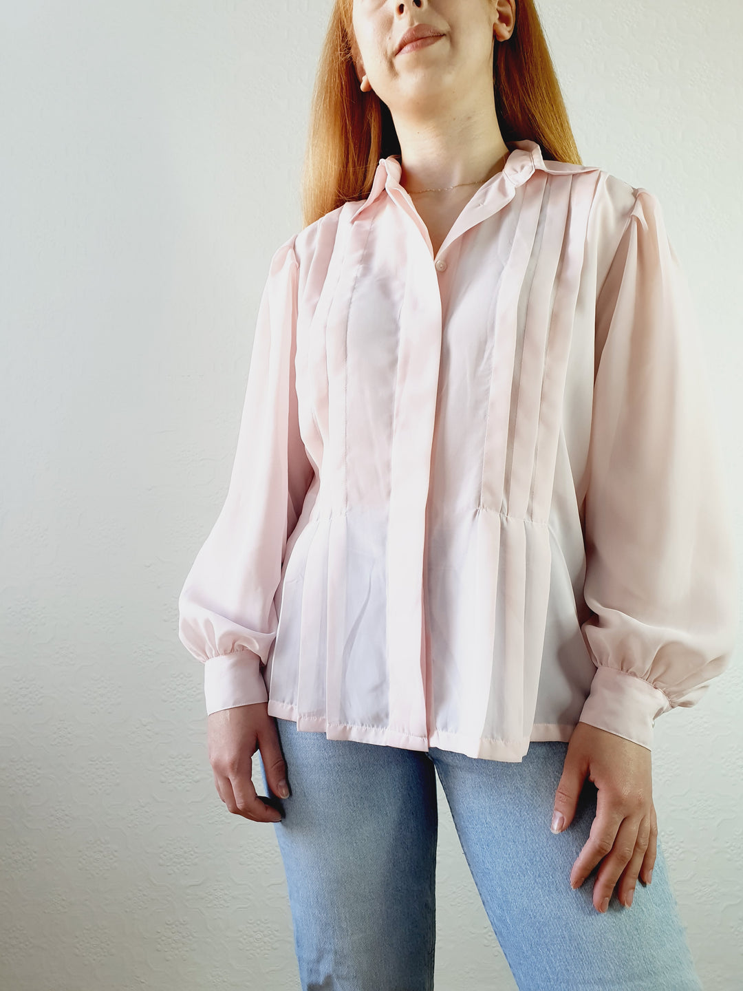 Pink Semi Sheer Blouse with Pleated Detail - M