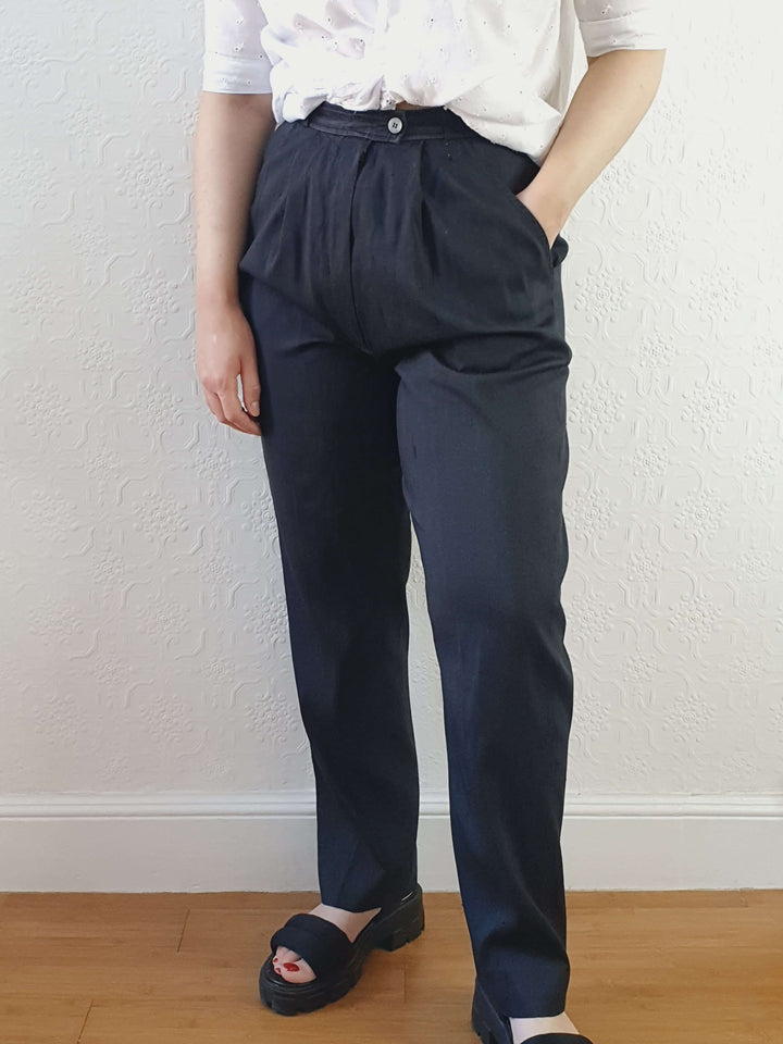 Vintage 100% Silk High Waisted Black Summer Trousers - S