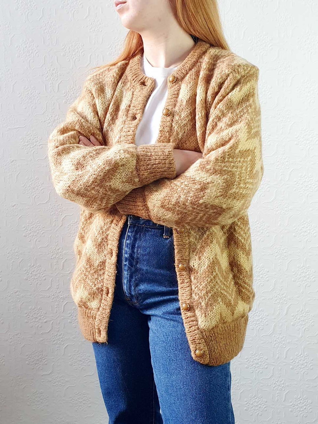 Vintage 80s Mustard Chevron Pattern Wool Cardigan  - M