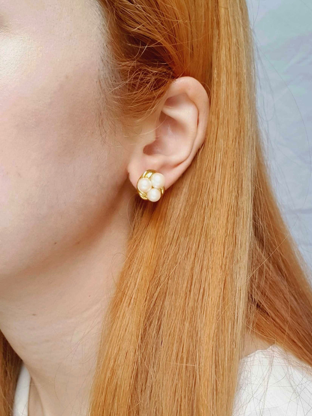 Vintage Gold Plated Triple Pearl Stud Earrings