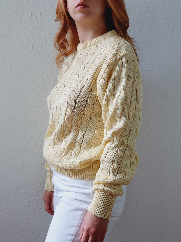 Vintage Pale Yellow Cable Knit Cotton Jumper - M